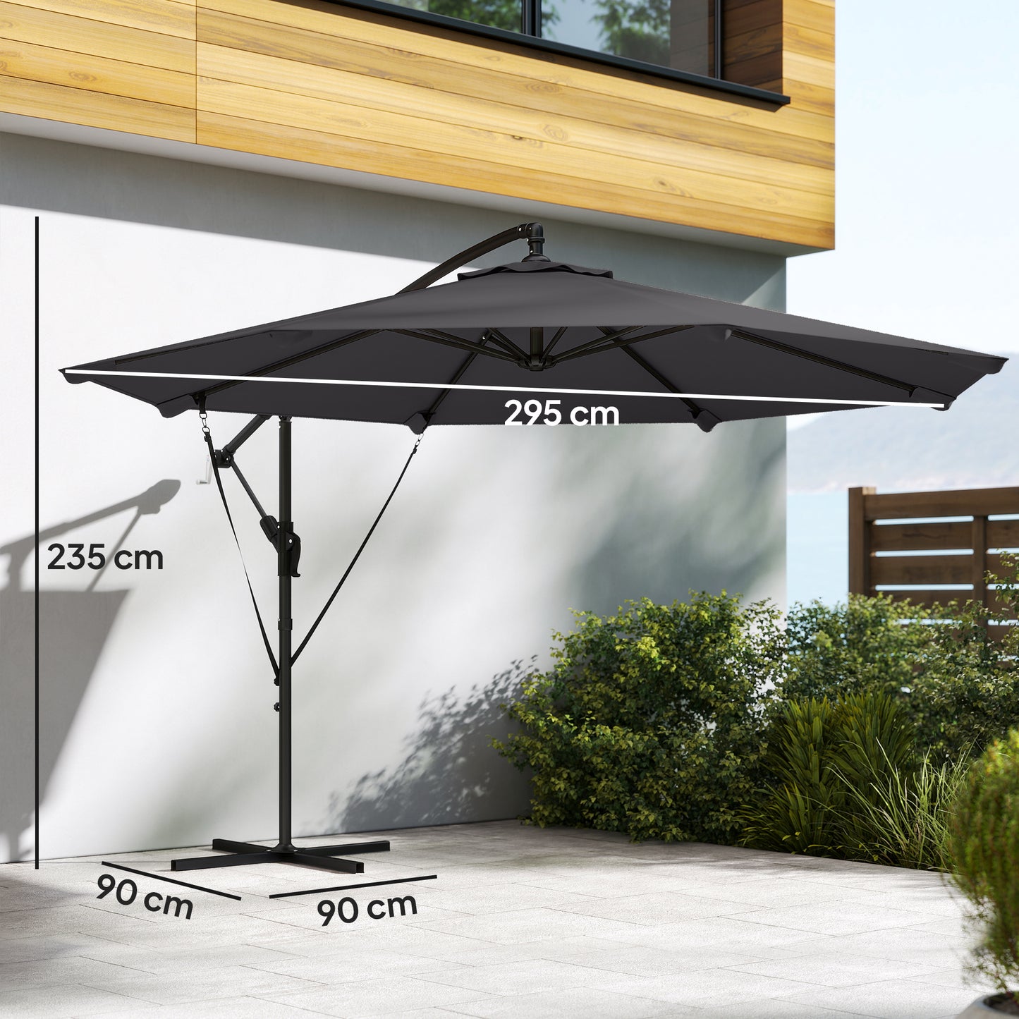 Outsunny 3 m Cantilever Parasol with Protective Cover and Wind Ropes, Banana Parasol with Crank Handle, Black