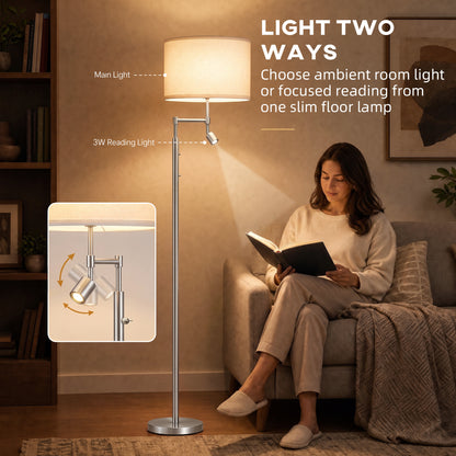 HOMCOM Modern Floor Lamp with Built-In Reading Light, Standing Lamp with Independent Switch, Satin Nickel