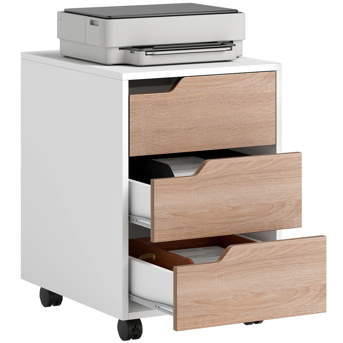 HOMCOM 3 Drawer Mobile File Cabinet, Vertical Filing Cabinet with Wheels for Home Office, Oak
