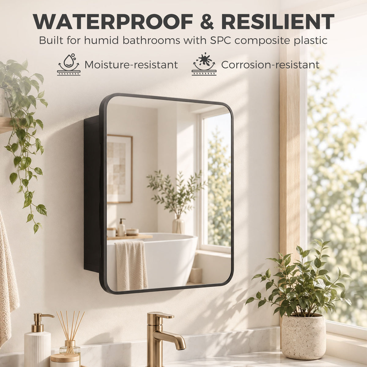 HOMCOM Bathroom Medicine Mirror Cabinet, Bathroom Wall Cabinet with Storage, Magnetic Door and Adjustable Shelf, Black