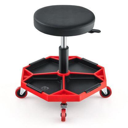 Garage Workshop Creeper Seat with Padded Seat and Tool Tray-Red