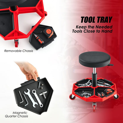 Garage Workshop Creeper Seat with Padded Seat and Tool Tray-Red