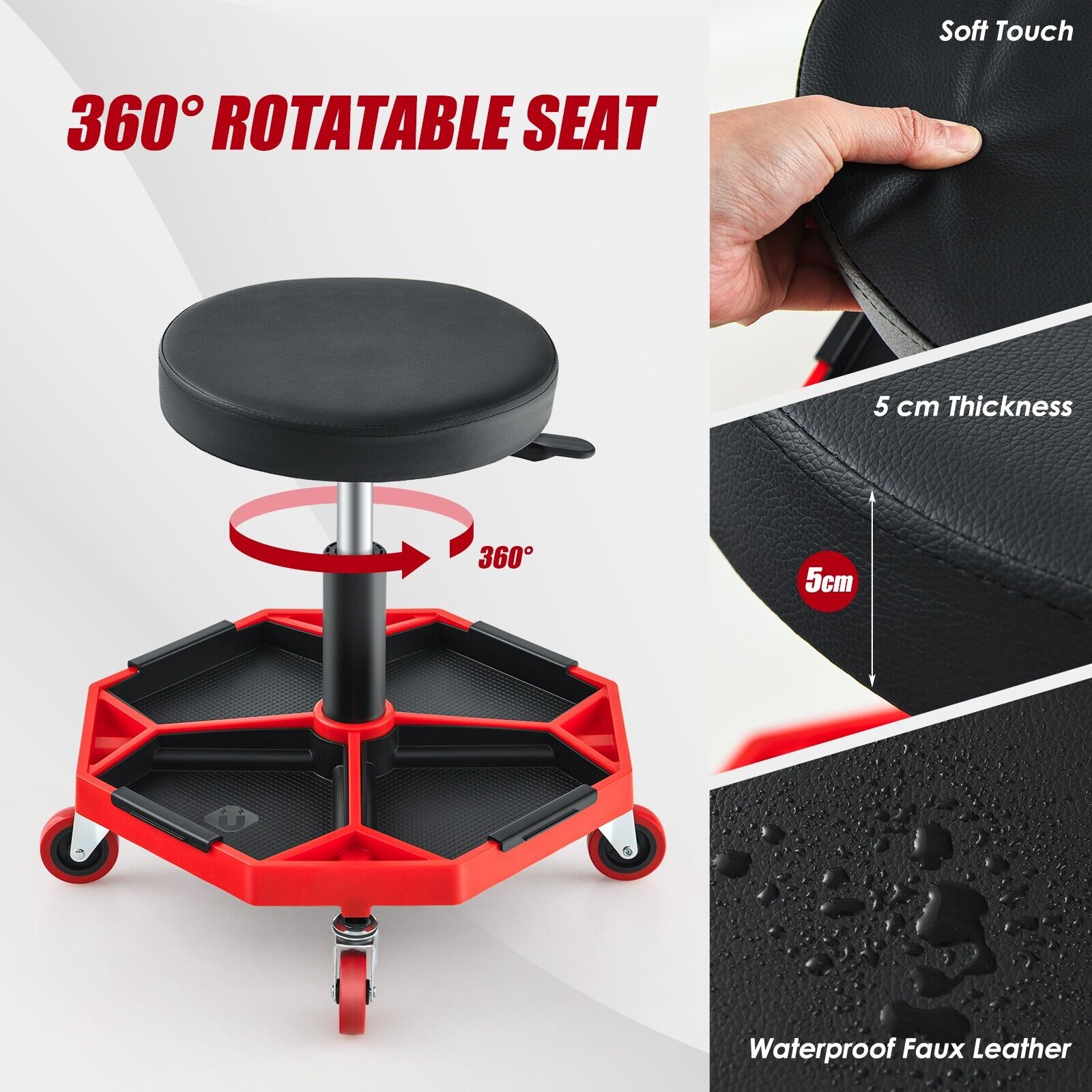 Garage Workshop Creeper Seat with Padded Seat and Tool Tray-Red