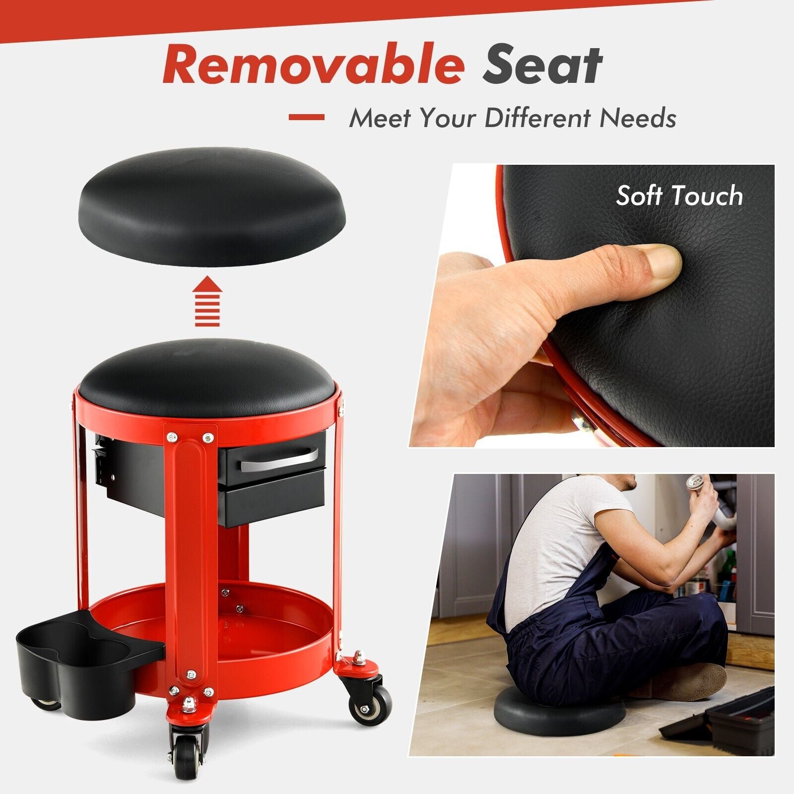 Rolling Workshop Creeper Seat with 2 Drawers and Tool Tray