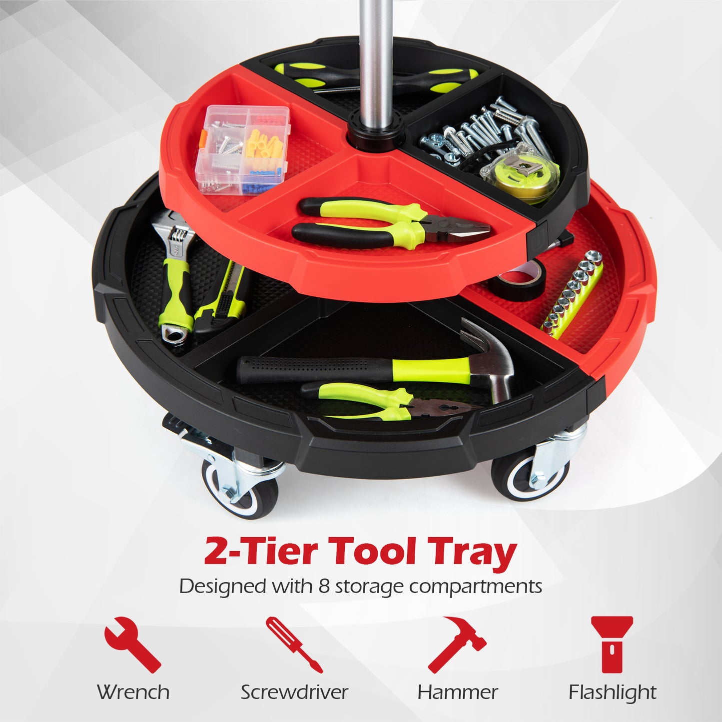 150 KG Max Load Rolling Mechanic Stool with Cushioned Seat Dual Tool Trays for Repair Shop-Red