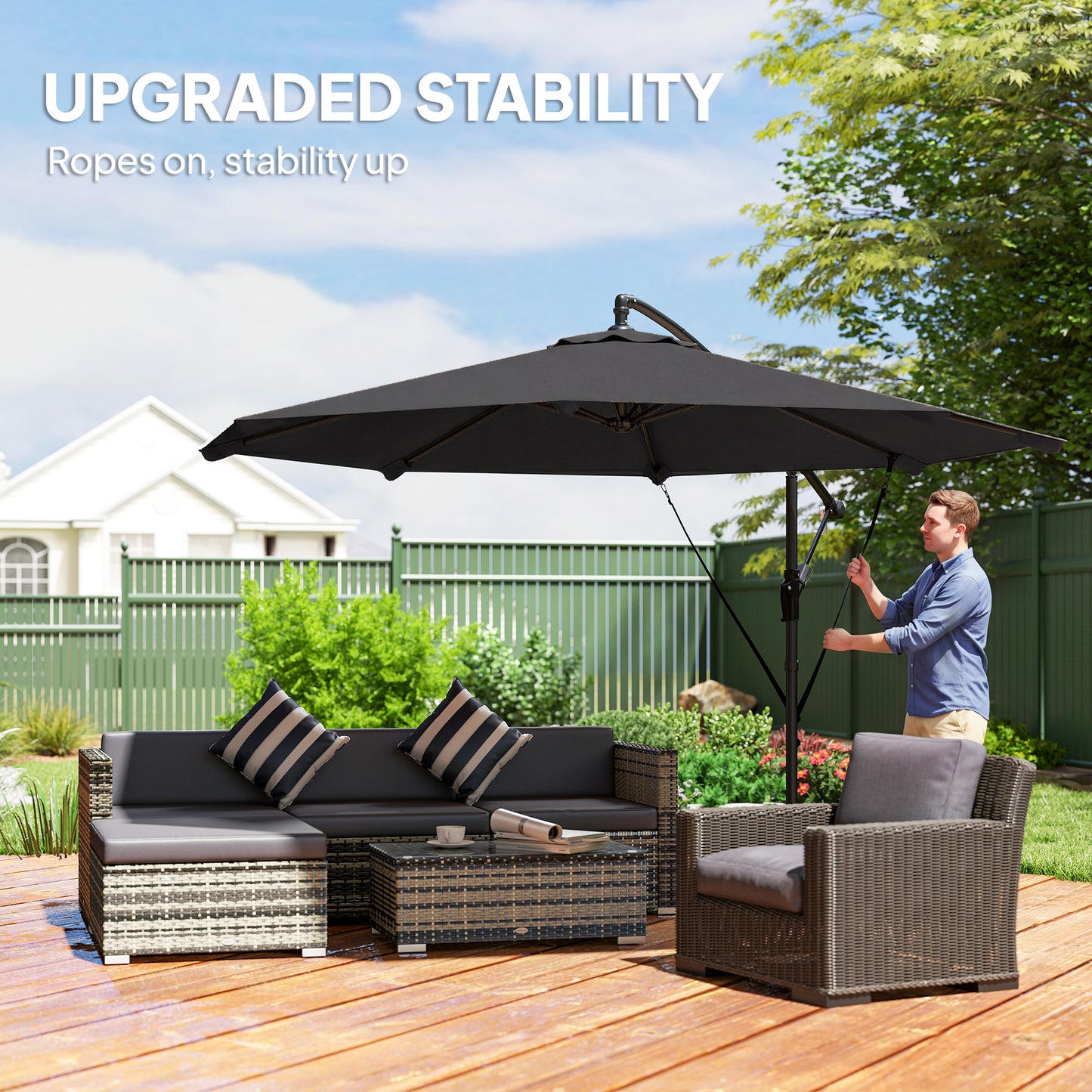 Outsunny 3 m Cantilever Parasol with Protective Cover and Wind Ropes, Banana Parasol with Crank Handle, Black