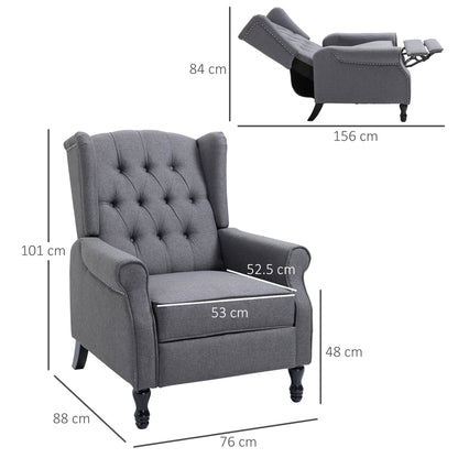 HOMCOM Recliner Armchair, Vintage Reclining Chair with Nail Head Trim, Wingback Chair with Button Tufted Back and Footrest, for Living Room, Grey