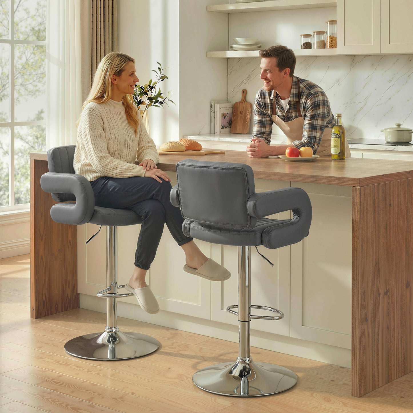 HOMCOM Bar Stools Adjustable Swivel Kitchen Chairs with Backrest Armrest Set of 2 PU Leather Grey
