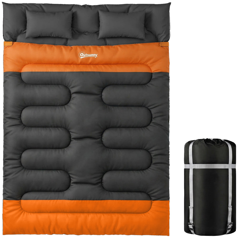 Outsunny Double Sleeping Bag with 2 Pillows, 220 x 160 cm Extra-Large Sleeping Bag for Adults, Grey and Orange