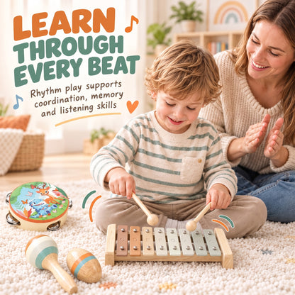 AIYAPLAY Kids Drum Kit, 14 Pieces Wooden Kids Musical Instruments Set with Tone Block, Maracas, Triangle, Xylophone for Toddlers