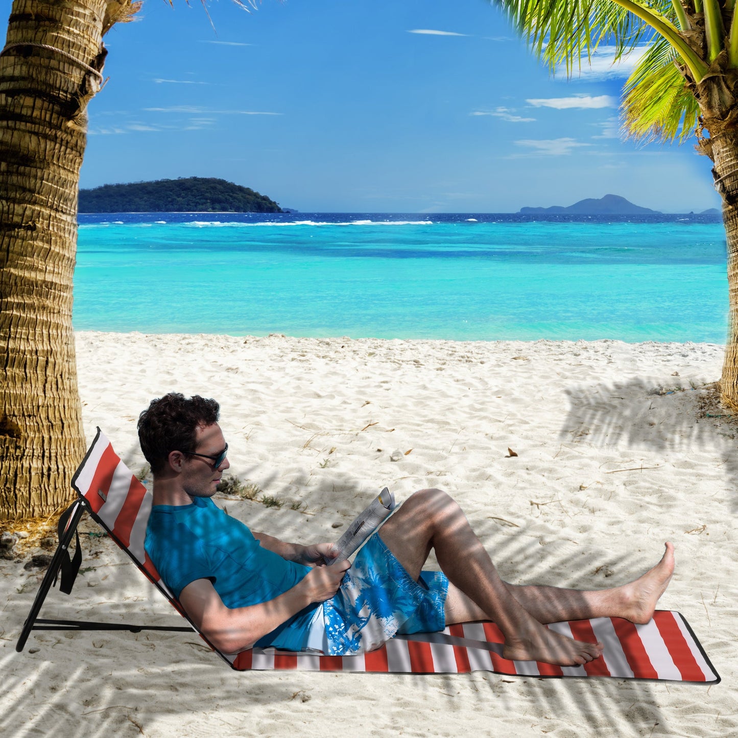 Outsunny Set of 2 Foldable Garden Beach Chair Mat, Outdoor Sun Lounger Seats with Adjustable Back, Magazine Pocket, Carry Bag