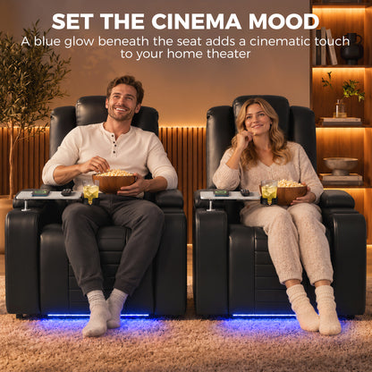 HOMCOM Electric Recliner Armchair w/ Type C+USB, LED Light, PU Leather Cinema Recliner Chair w/ Storage, Tray Table, Black
