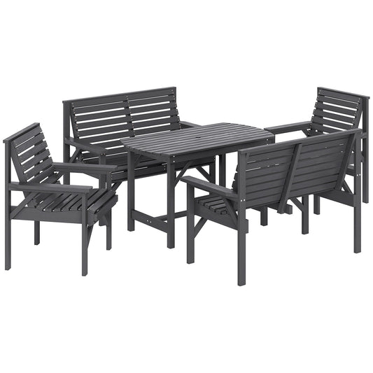 Outsunny 5 Piece Wooden Garden Dining Set for 6, Outdoor Conversation Set with 2 Armchairs, 2 Loveseats and Dining Table with Umbrella Hole for Patio, Balcony, Grey