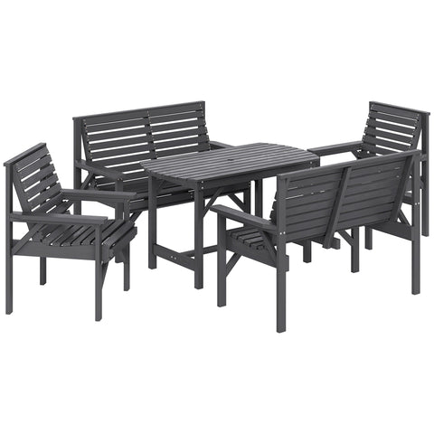 Outsunny 5 Piece Wooden Garden Dining Set for 6, Outdoor Conversation Set with 2 Armchairs, 2 Loveseats and Dining Table with Umbrella Hole for Patio, Balcony, Grey