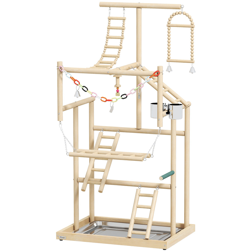 PawHut 95 cm Wooden Bird Playground with Ladders, Chain Toy, Stainless Steel Cups and Tray, Bird Cage Accessories, Natural