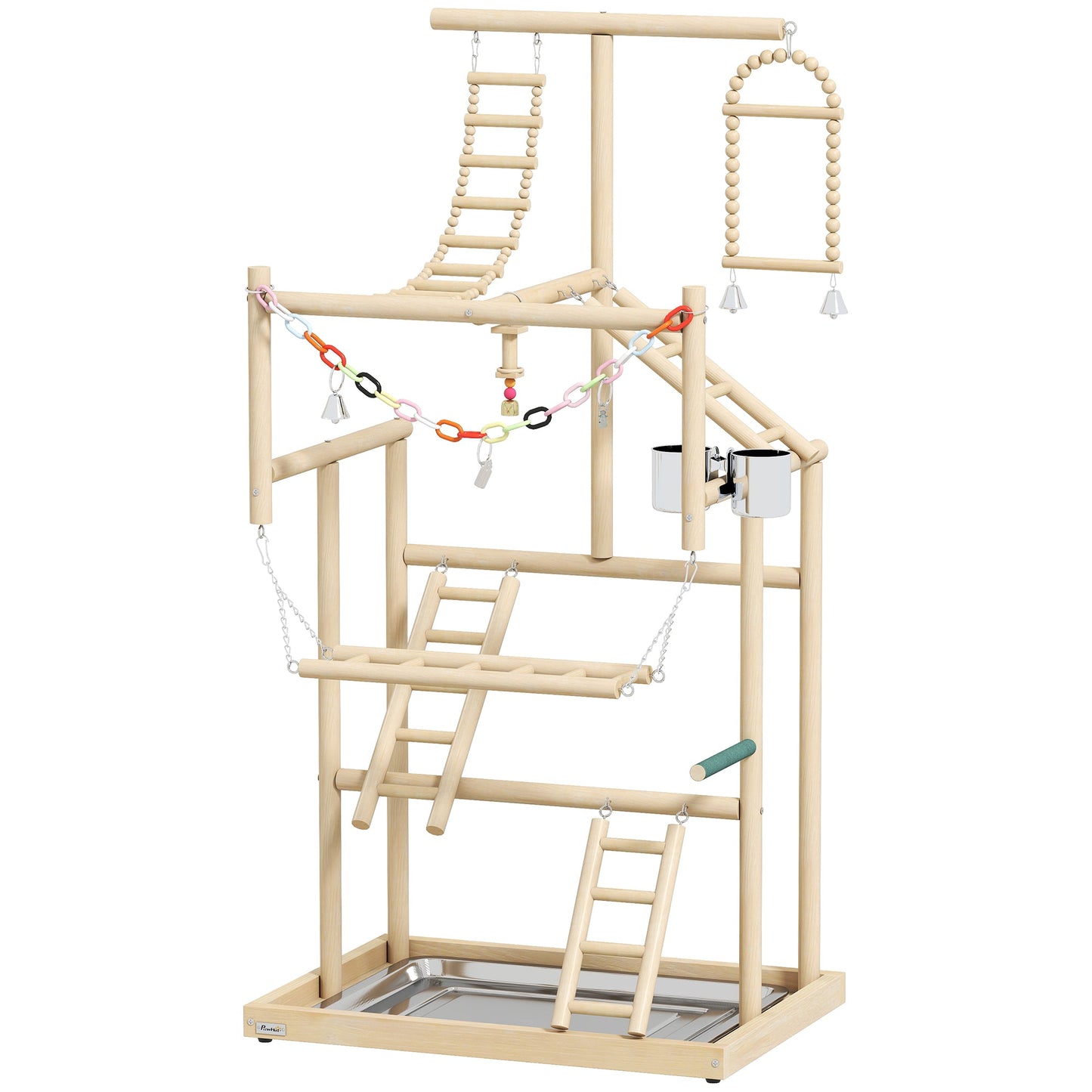 PawHut 95 cm Wooden Bird Playground with Ladders, Chain Toy, Stainless Steel Cups and Tray, Bird Cage Accessories, Natural