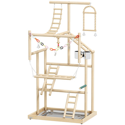 PawHut 95 cm Wooden Bird Playground with Ladders, Chain Toy, Stainless Steel Cups and Tray, Bird Cage Accessories, Natural