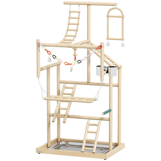 PawHut 95 cm Wooden Bird Playground with Ladders, Chain Toy, Stainless Steel Cups and Tray, Bird Cage Accessories, Natural