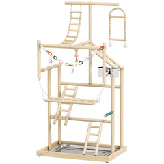 PawHut 95 cm Wooden Bird Playground with Ladders, Chain Toy, Stainless Steel Cups and Tray, Bird Cage Accessories, Natural