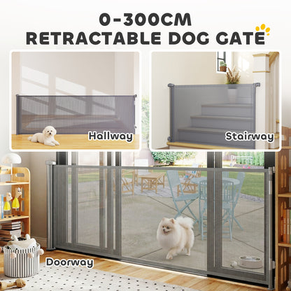 PawHut Retractable Dog Gate, Extends to 300 cm Wide & 104 cm Tall, Mesh Pet Gate Single Hand Operation, for Stairs Doorways