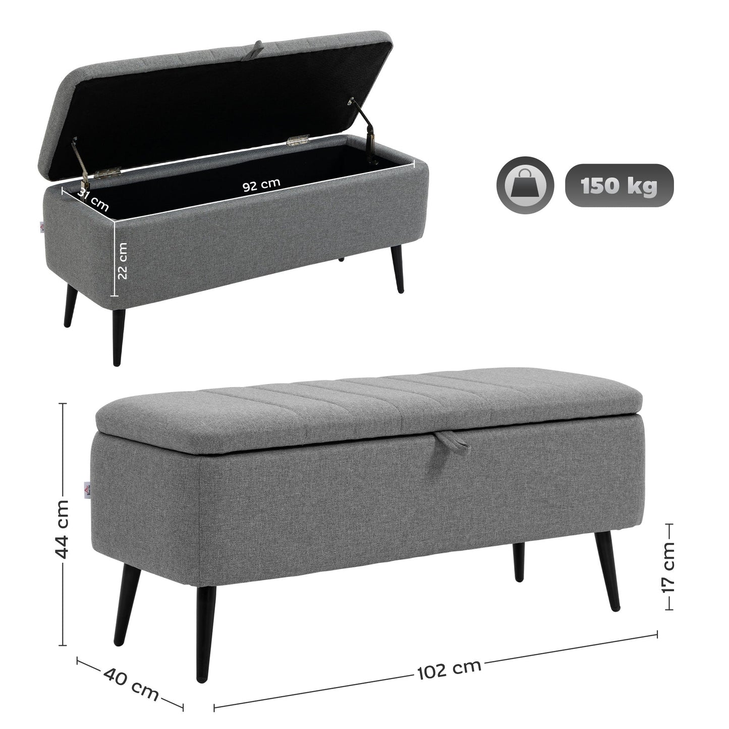 HOMCOM Storage Ottoman with Flip Top, Rectangular Upholstered Bench, Linen Look Fabric Footstool with Steel Legs for Living Room, Bedroom, Grey