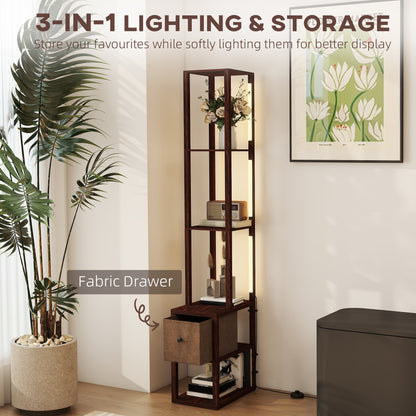 HOMCOM Floor Lamp with Shelves, LED Column Modern Standing Lamp with Fabric Drawer, Adjustable Brightness, Foot Switch for Living Room, Bedroom, Office, Dark Brown