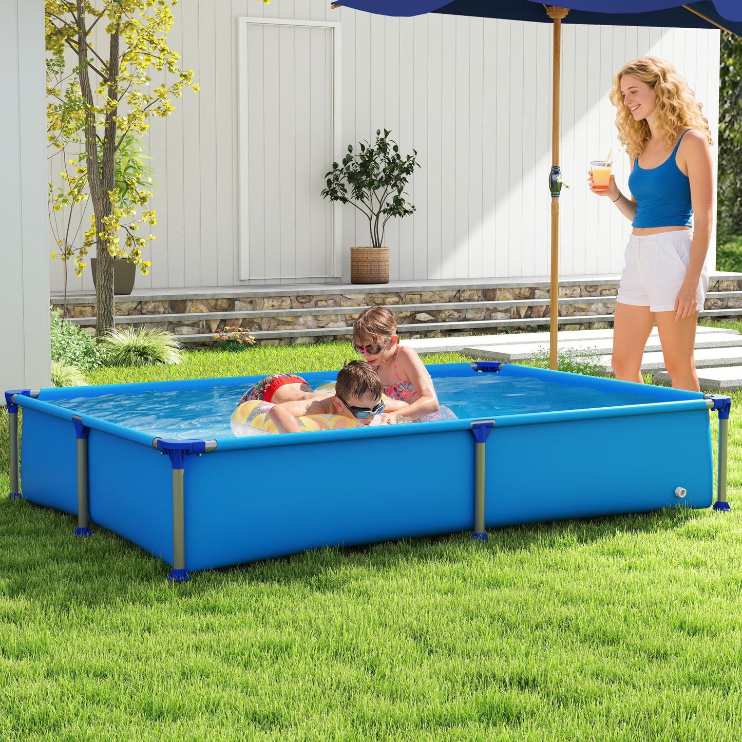 Above Ground Swimming Pool Outdoor Rectangular Pool for Kids above 3 with Metal Frame-Blue
