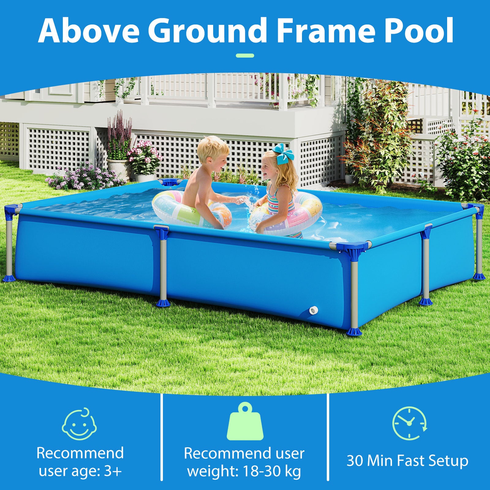 Above Ground Swimming Pool Outdoor Rectangular Pool for Kids above 3 with Metal Frame-Blue