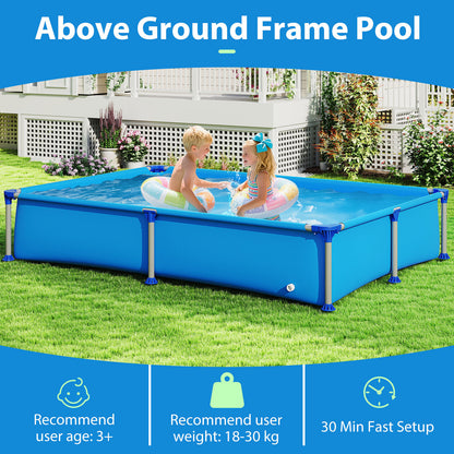 Above Ground Swimming Pool Outdoor Rectangular Pool for Kids above 3 with Metal Frame-Blue