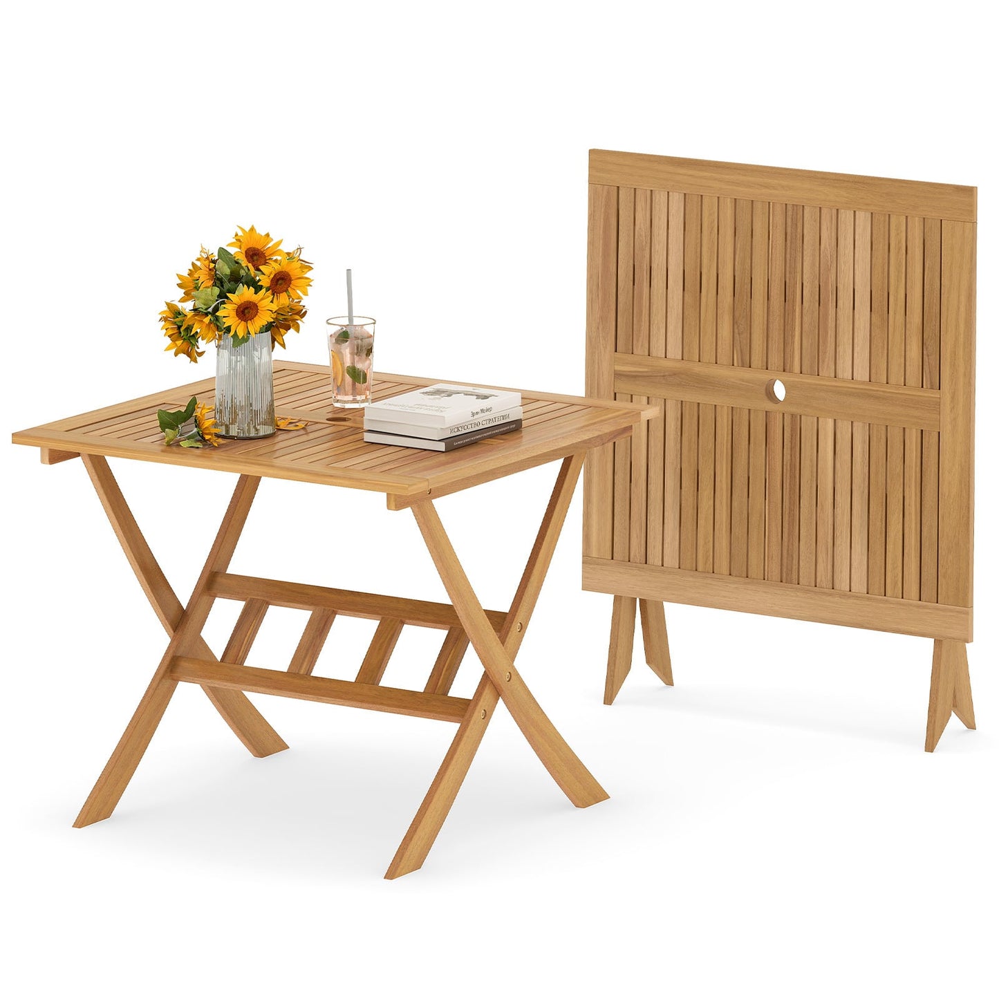 Acacia Wood Folding Table 90CM Patio Dining Table with Slatted Tabletop