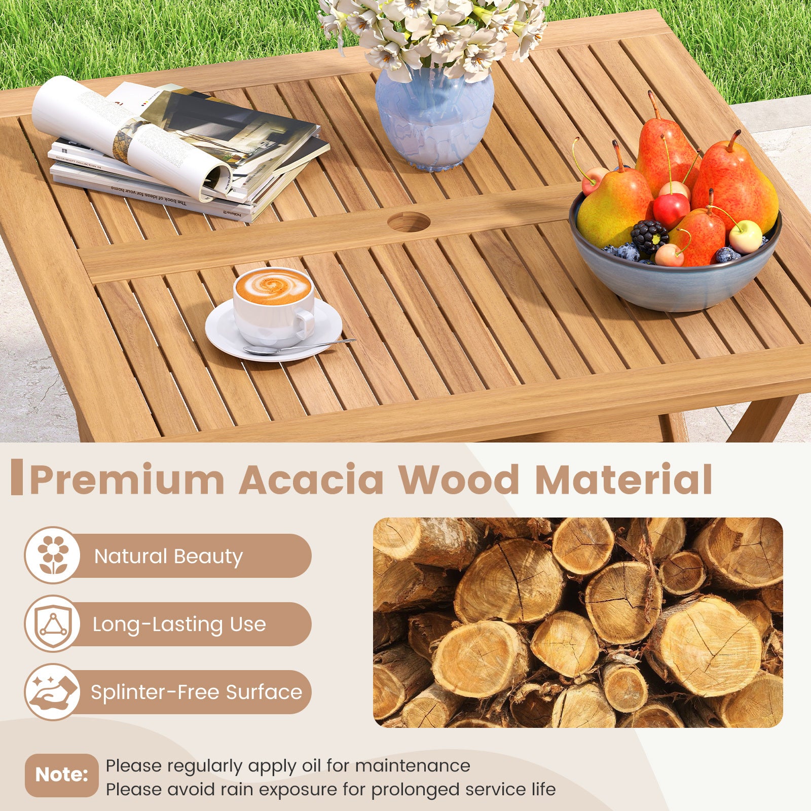 Acacia Wood Folding Table 90CM Patio Dining Table with Slatted Tabletop