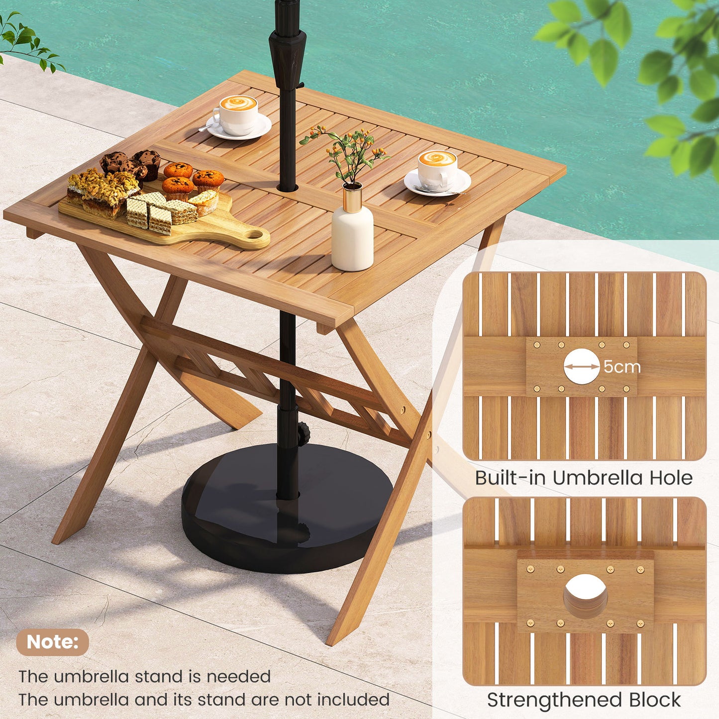 Acacia Wood Folding Table 90CM Patio Dining Table with Slatted Tabletop