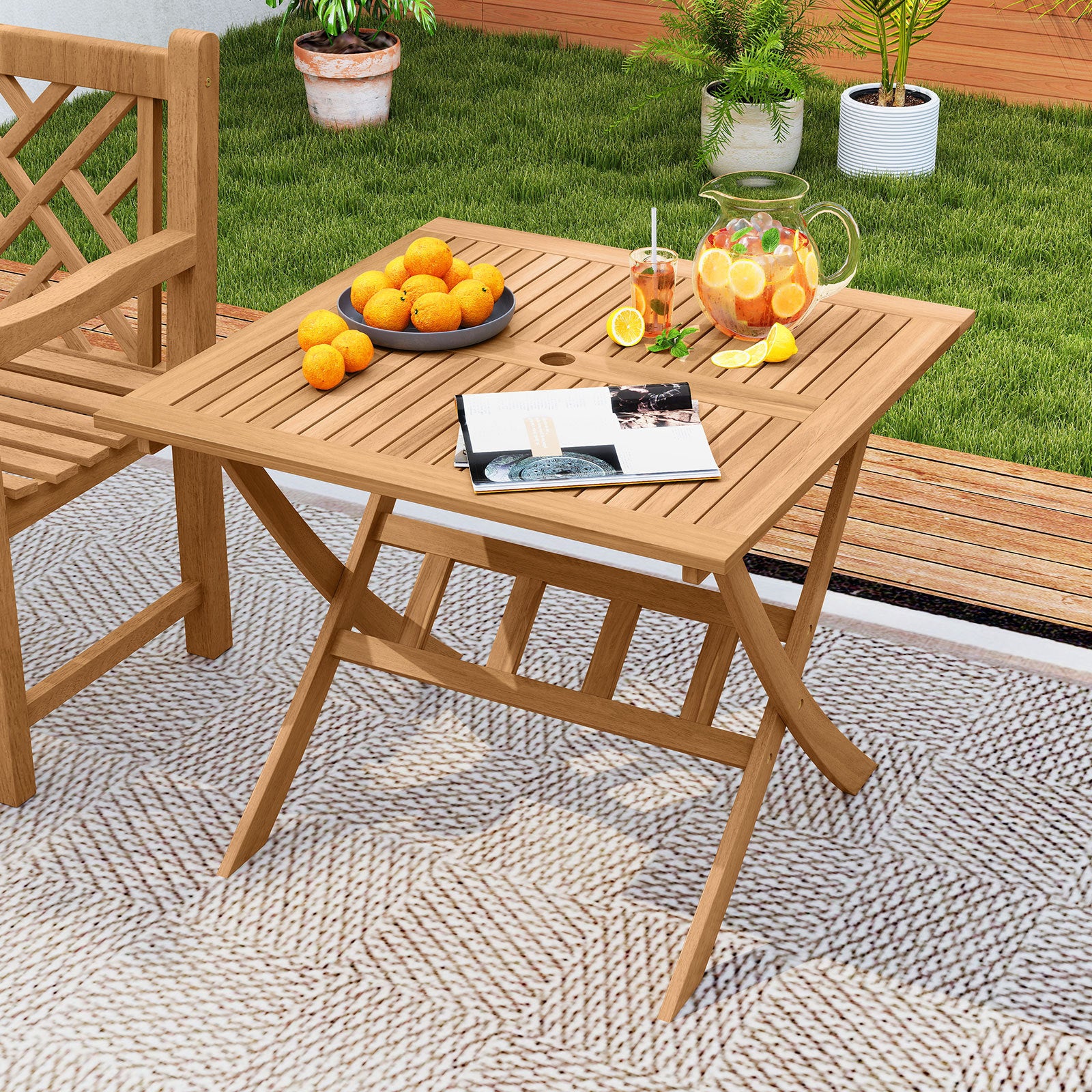 Acacia Wood Folding Table 90CM Patio Dining Table with Slatted Tabletop