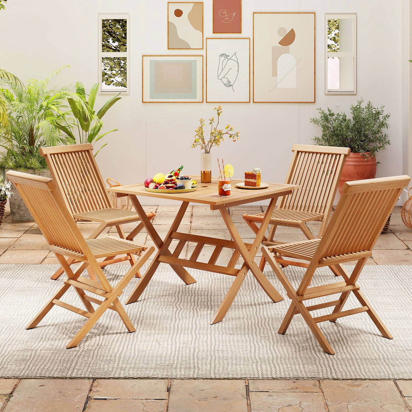 Acacia Wood Folding Table 90CM Patio Dining Table with Slatted Tabletop