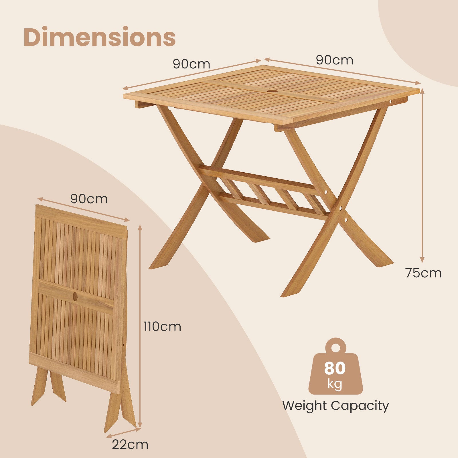 Acacia Wood Folding Table 90CM Patio Dining Table with Slatted Tabletop