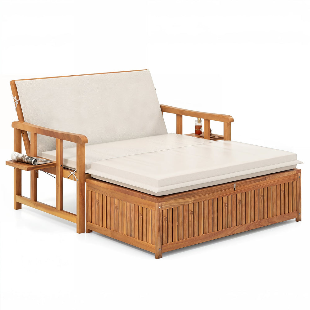 Acacia Wood Garden Daybed with Adjustable Backrest and Side Trays for Patio-White