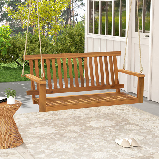 Acacia Wood Porch Swing with Slatted Seat and Backrest