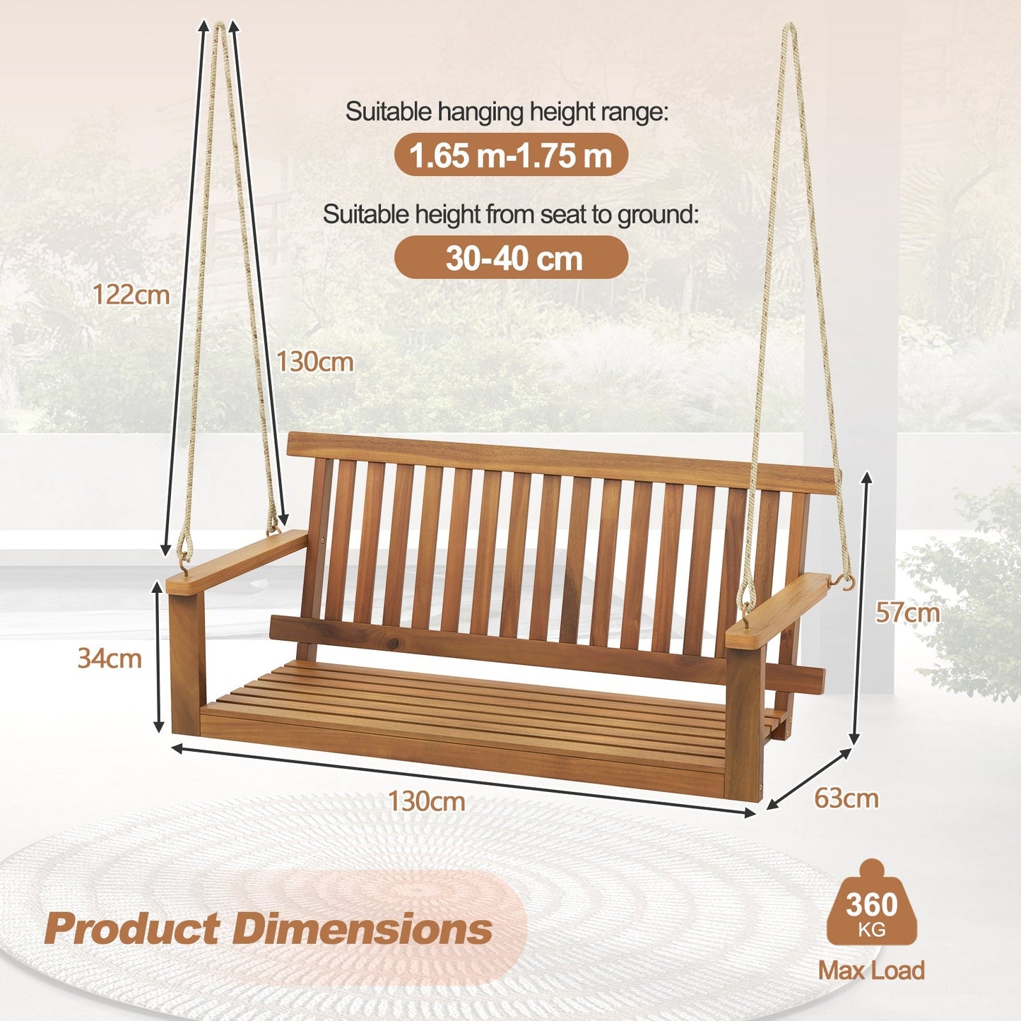 Acacia Wood Porch Swing with Slatted Seat and Backrest