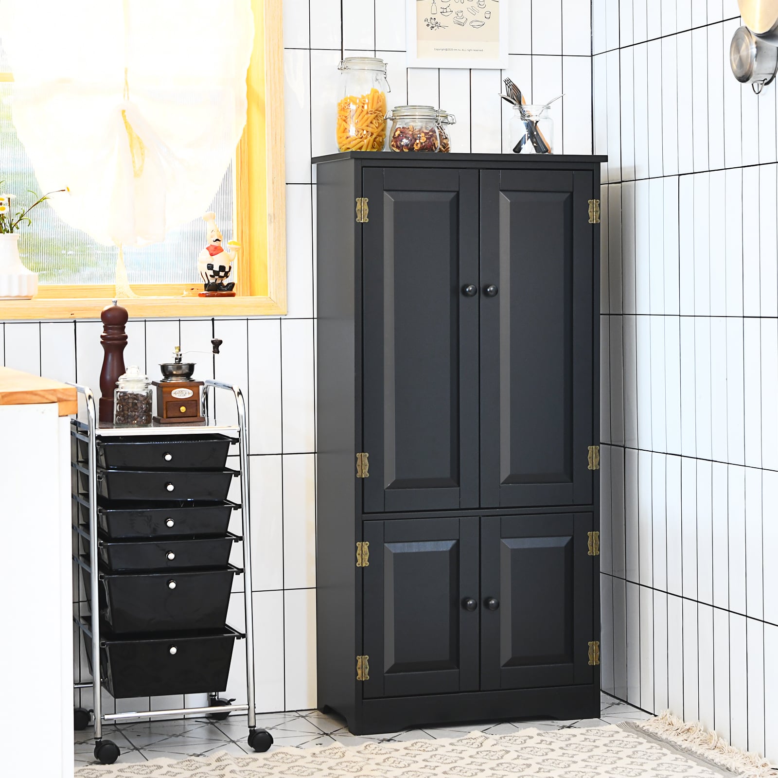Antique Wooden Storage Cabinet Cupboard Shelf-Black