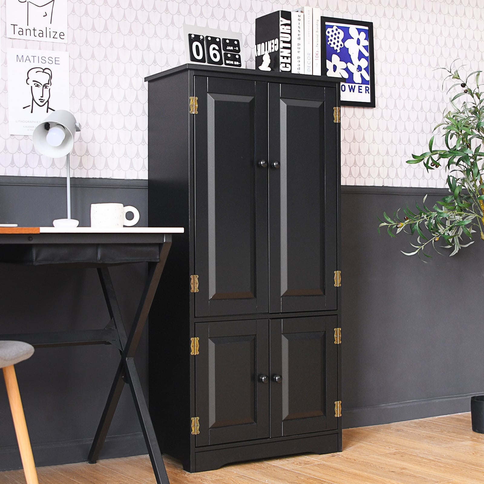 Antique Wooden Storage Cabinet Cupboard Shelf-Black