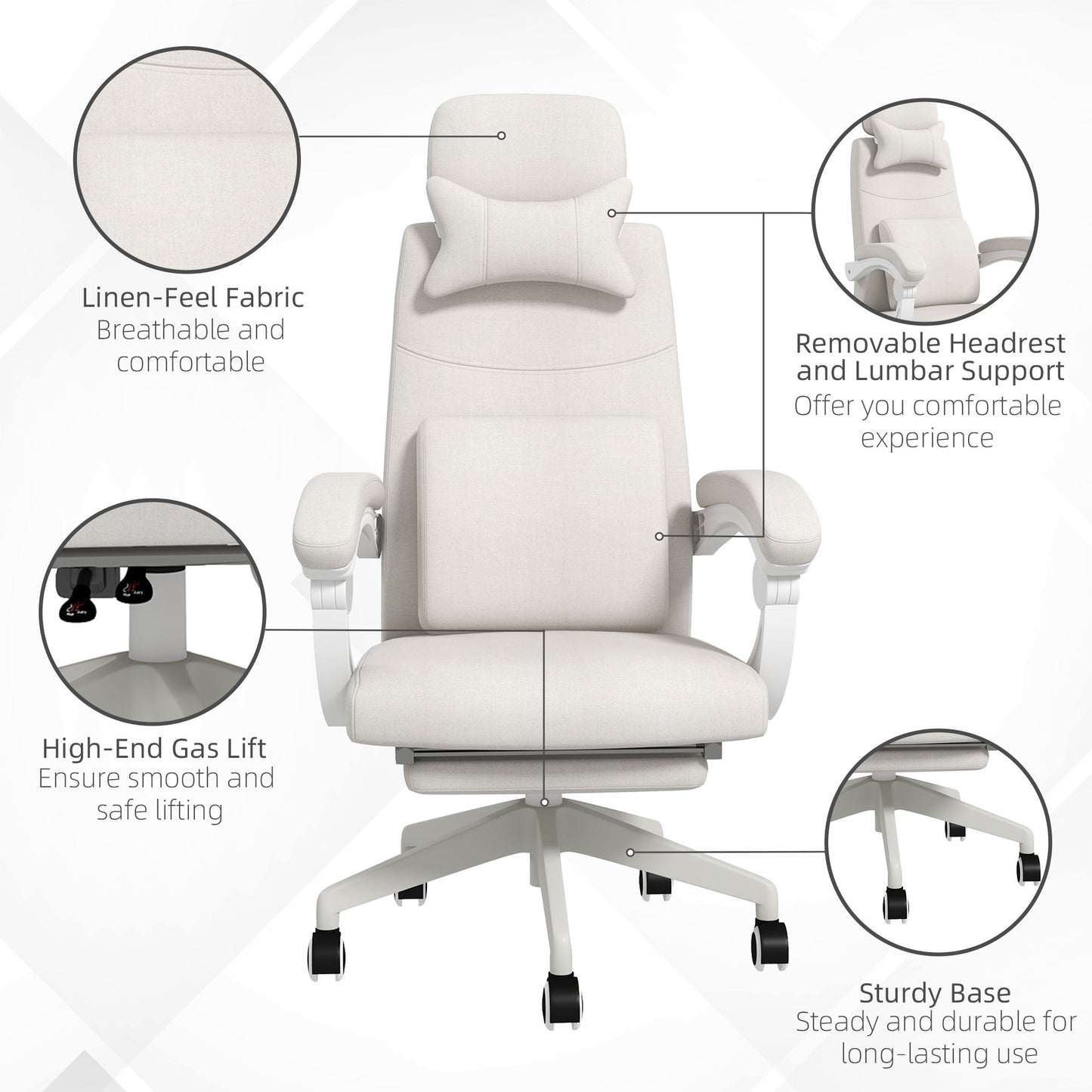 Vinsetto High Back Office Chair Reclining Computer Chair with Footrest Lumbar Support Adjustable Height Swivel Wheels White