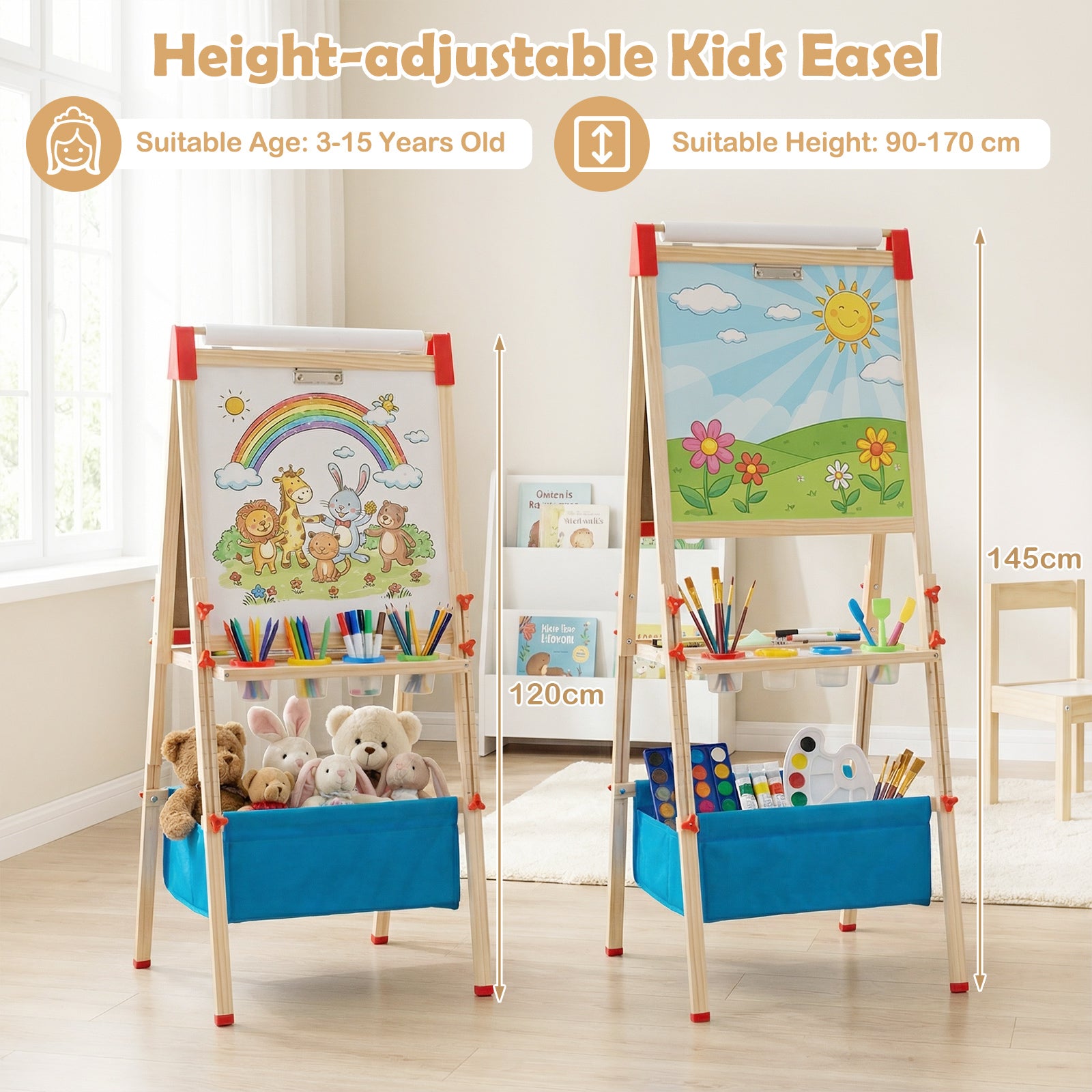 Adjustable Art Easel with Magnetic Chalkboard and Whiteboard-Colourful
