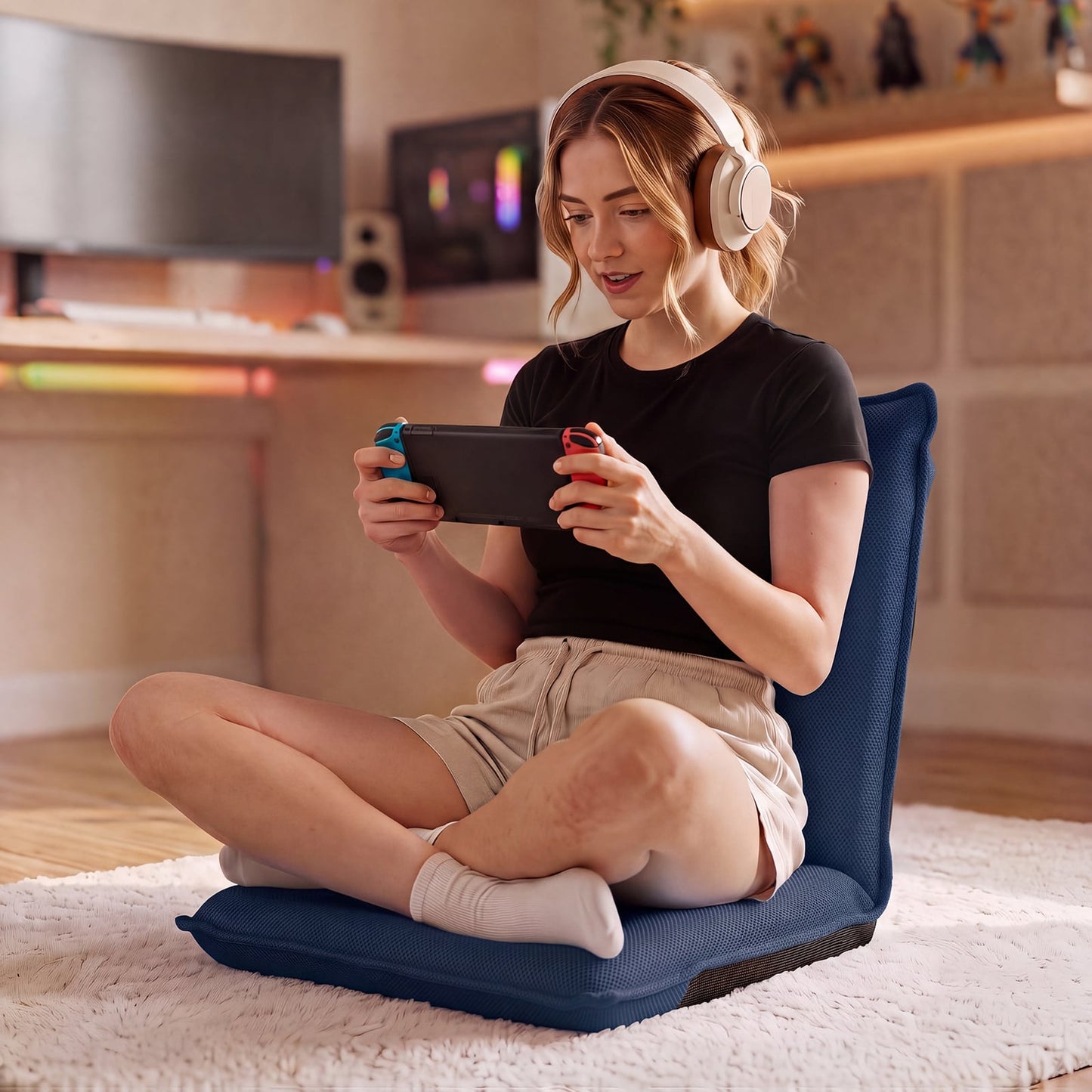 Adjustable Floor Chair with Adjustable Backrest and Sponge Filling-Navy