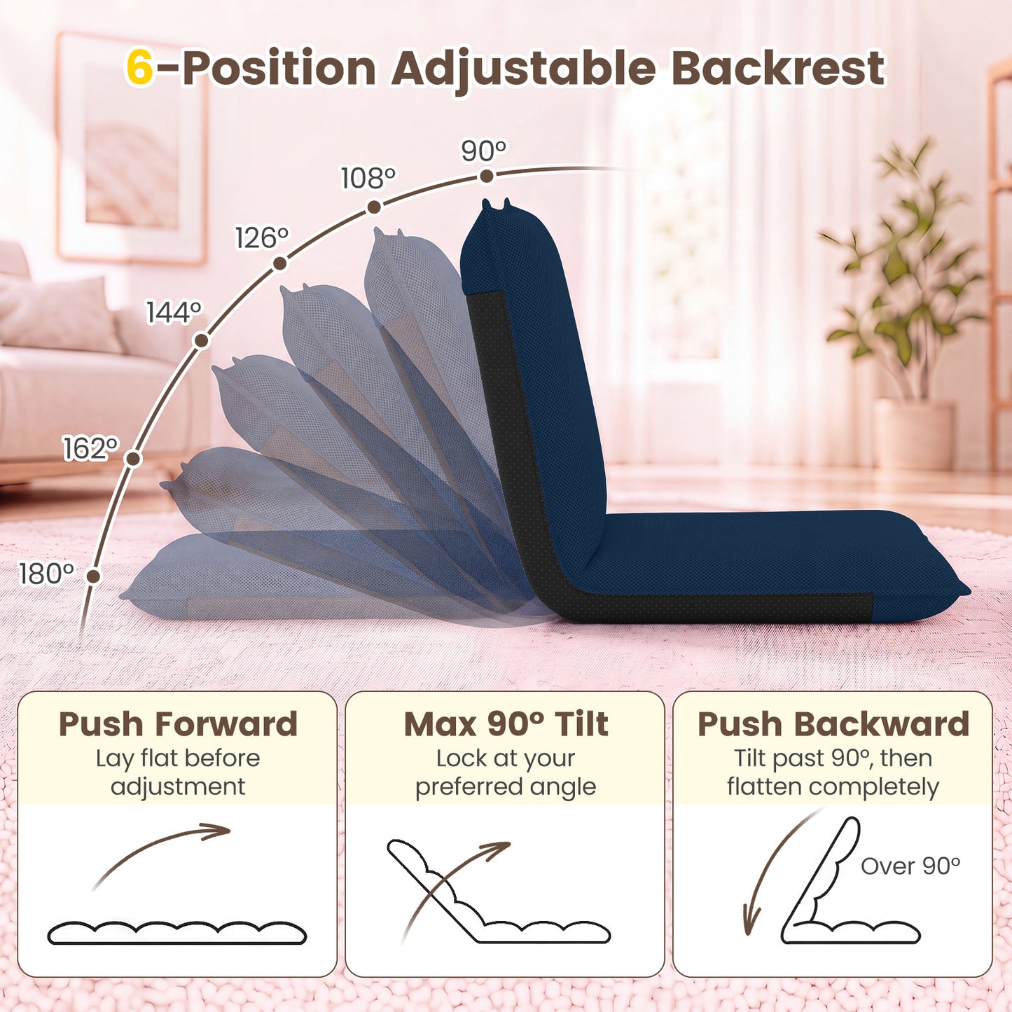 Adjustable Floor Chair with Adjustable Backrest and Sponge Filling-Navy