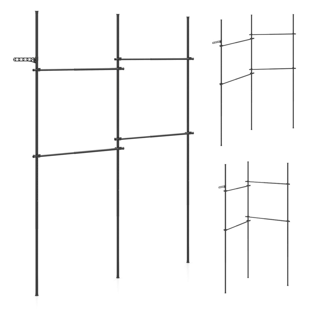 Adjustable Floor to Ceiling Clothes Rack with 2 Hanging Rods Folding Drying Rack and Reacher Pole-Black