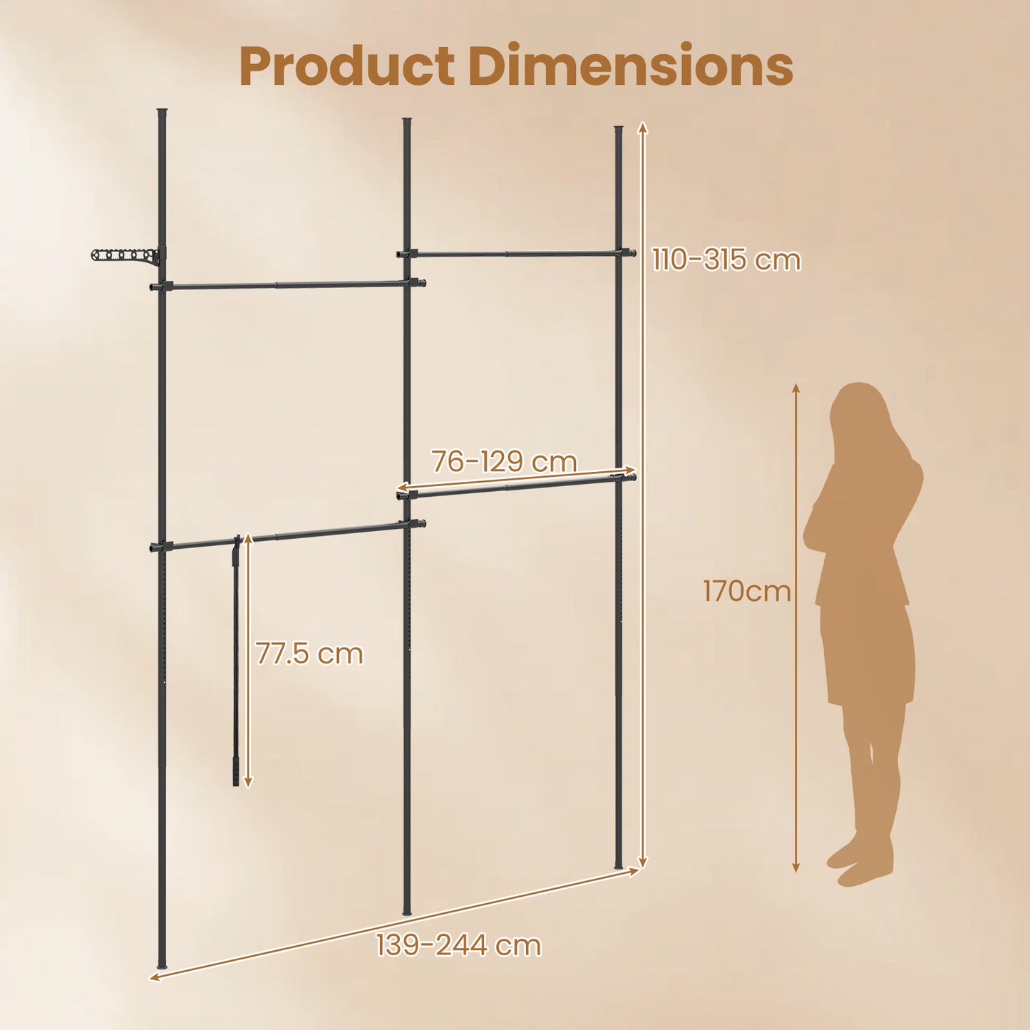 Adjustable Floor to Ceiling Clothes Rack with 2 Hanging Rods Folding Drying Rack and Reacher Pole-Black