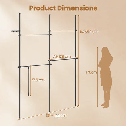 Adjustable Floor to Ceiling Clothes Rack with 2 Hanging Rods Folding Drying Rack and Reacher Pole-Black