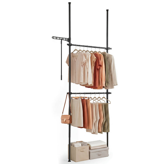 Adjustable Floor to Ceiling Clothes Rack with Double Rods & Folding Drying Rack for Laundry-Black