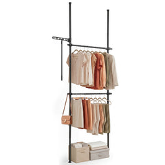 Adjustable Floor to Ceiling Clothes Rack with Double Rods & Folding Drying Rack for Laundry-Black