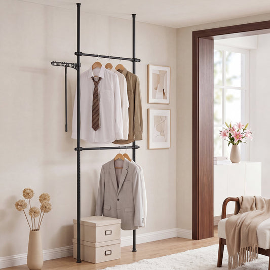 Adjustable Floor to Ceiling Clothes Rack with Double Rods & Folding Drying Rack for Laundry-Black
